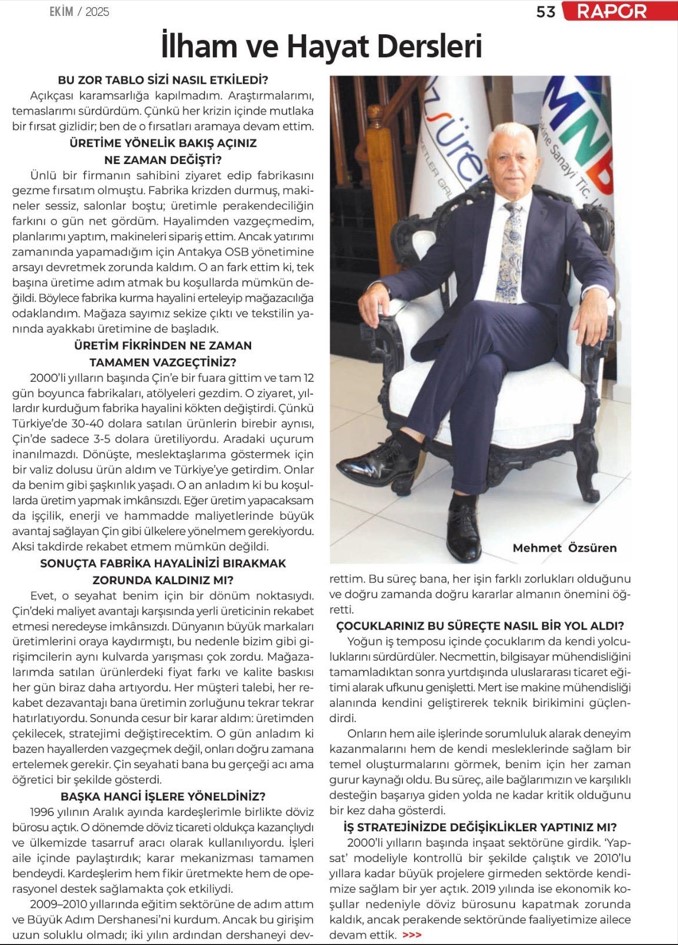 İYönetim Kurulu Başkanımız Sn. Mehmet Özsüren'in Rapor Dergisi/Ekim 2025 röportajından